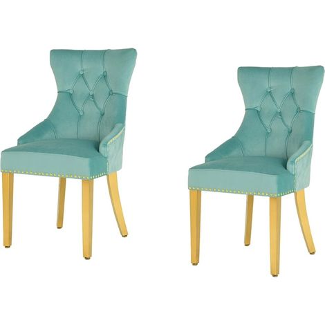 Set di 2 sedie Chesterfield REGINA blu turchese in velluto capitonnato – Testa di leone e piedi dorati (1/5)