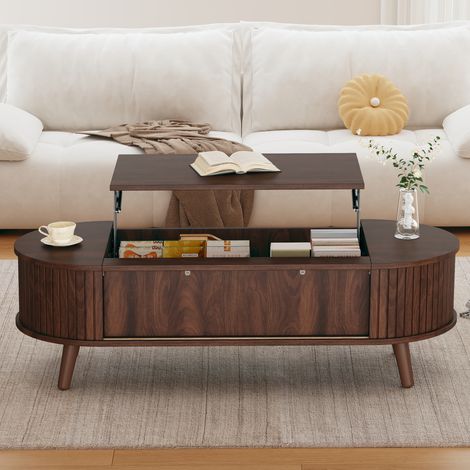 Table basse relevable 120 x 50 x 39,5 cm, hauteur maximale de 53,5 cm, avec rangement dissimulé, table d'appoint à 5 étagères, console de salon, table basse, noyer (1/4)