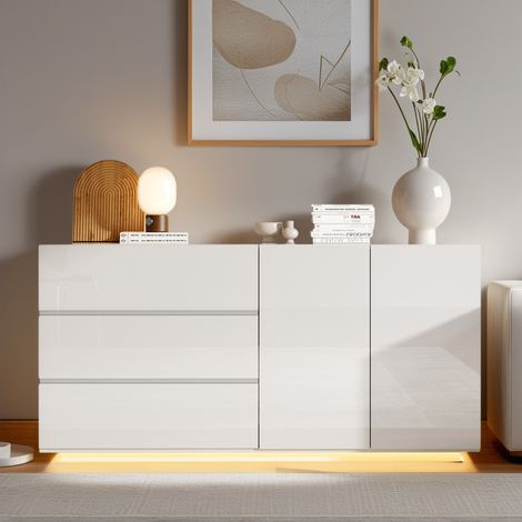 BLANKETSWARM - Buffet salon moderne 160 cm, meuble bas cuisine avec éclairage LED - 3 tiroirs - 2 portes - finition haute brillance - buffet salle a manger - Blanc (1/5)