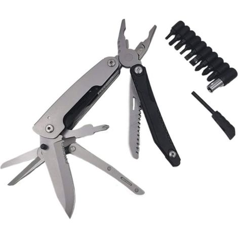 Pince multifonction pliable pour camping et survie – étui tactique en acier inoxydable, kit 4-en-1 compact et robuste (1/4)