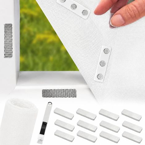 Moustiquaire de fenêtre avec Fixation magnétique innovante, 120x250cm Moustiquaire au Mètre en Fibre de Verre Bricolable avec 12 Moustiquaire Fenetre Clips, Pas de perçage ni de vissage-Blanc (1/5)