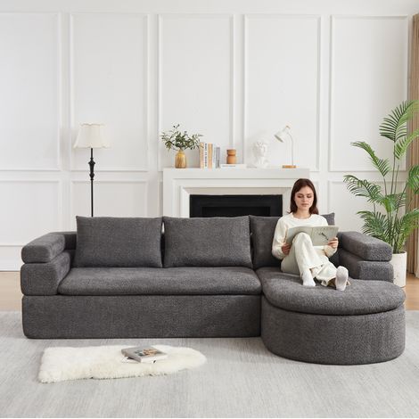 Canapé d’angle avec chaiselongue 260x170x65 cm en chenille anthracite, moderne pour salon FloraGrace (1/5)