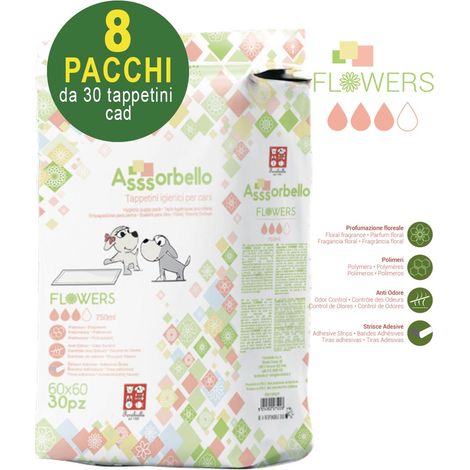 240 Tappetini igienici Asssorbello Flower 60x60 cm per cani - 8 pacchi da 30 pezzi cad.