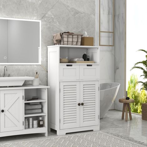Meuble de salle de bain armoire 2 portes étagère réglable 2 tiroirs niche 61 x 30.5 x 109.5 cm blanc