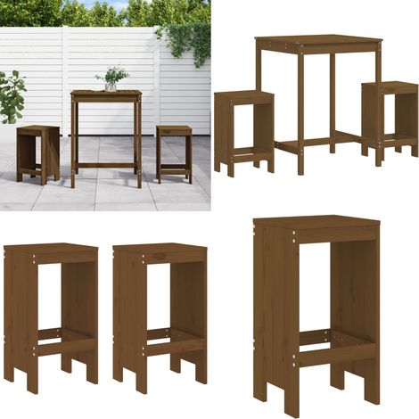 Mesa y taburetes altos de jardín 3 pzas madera pino marrón miel - Taburetes de jardín - Mesa y taburetes