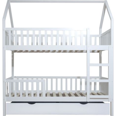 Etagenbett Häuschene + Ausziehbett Holz weiß 90x190/90x190cm
