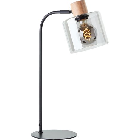 Brilliant Weald Tischleuchte schwarz/rauch/holz Metall/Glas/Holz Schnurzwischenschalter 1x A60, E27, 40 W, Geeignet für Normallampe (nicht enthalten)