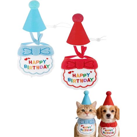 4 Pièces Bandana d'anniversaire pour Chien,Chapeau d'anniversaire pour Chat,Bavoir Joyeux Anniversaire pour Animal de Compagnie Ensemble de Chapeau d'anniversaire pour Chien Chat(Bleu, Rouge)