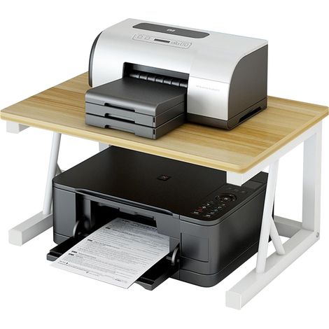 Druckerständer aus Metall und Holz für den Schreibtisch, 2-stufiger Druckertisch, 48 x 30 x 27 cm mit Ablagefläche, kompakte Ablage für Drucker und Faxgerät, Schreibtisch-Organizer für Zuhause, Küche (1/5)