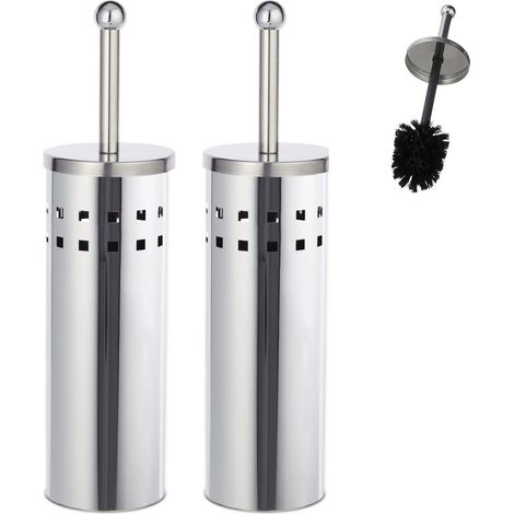 Relaxdays 2x WC Accessory Set, Toilet Brush Holder, Exchangeable Head, Freestanding, Stainless Steel, Silver/Black
