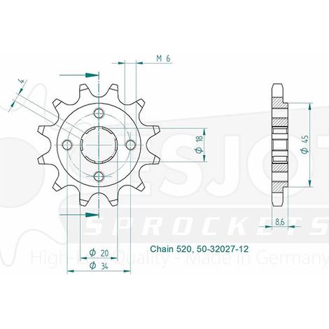 Pignon Barossa-SMC - 520 - 12 Dents - Made in Germany