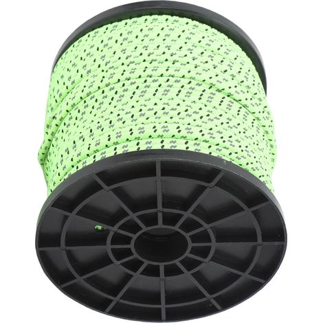 Corde de camping réfléchissante à texture tissée, 50 m (164 pi), en polyester de 4 mm de diamètre, vert fluorescent, idéale pour les voyages, la randonnée et le trekking. (1/5)