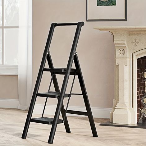 Scala pieghevole a 3 gradini in acciaio legato nero con corrimano - CHICFURN (1/5)