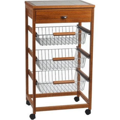 Carrello Portaverdure in Legno di Faggio Noce 3 + 1 Cassetti con Mattonelle (1/3)