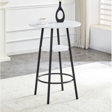 Table haute ronde 60 cm H89 cm avec double rangement, effet marbre blanc, MDF et métal noir (1/5)