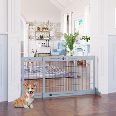 Barrera extensible para perro con patas, reja autoportante 104-183 x 69 cm, madera y metal, gris (1/5)
