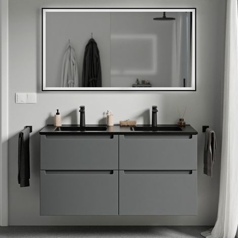BERNSTEIN - Meuble de salle de bain suspendu bois laqué, meuble vasque noire 4 tiroirs soft-close - Garantie 5 ans - 64x121x47cm - VIREO -Matt anthracite (en) (1/5)