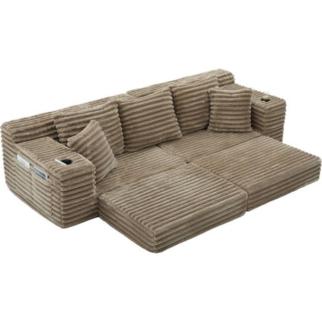 Divano modulare in corduroy kaki con schienale alto, cuscini e portabicchieri (1/5)