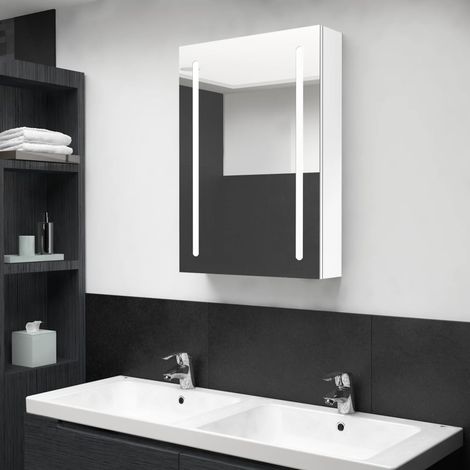 Armoire murale à miroir de salle de bain Armoire Toilette Moderne avec miroir LED Blanc brillant 50x13x70cm -83111 (1/5)