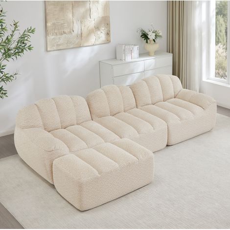 Divano angolare modulare 3 posti beige in pile con 1 pouf, seduta profonda 68 cm, senza struttura, 288x165x79 cm (1/5)