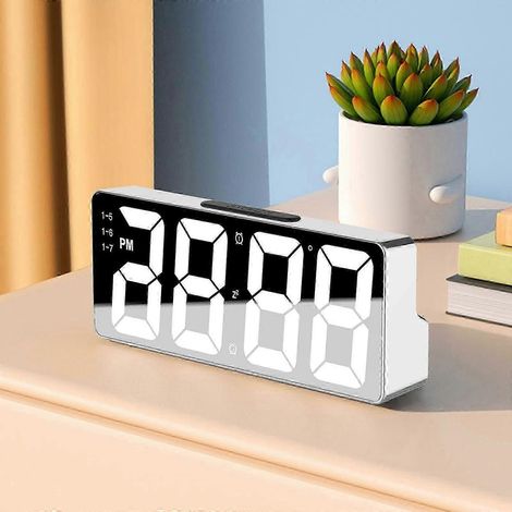 Digitaler Wecker mit schlichtem LED-Display, großem Digitalanzeige, verschiedenen Weckzeiten und Funktionen für Schreibtisch, Nachttisch, Arbeitszimmer, Küche und Spiegel.-White (1/5)