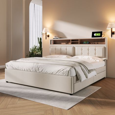 Cama matrimoniales 140x200 cm regulable acolchado y 4 cajones tapizada en lino color beige (Sin colchón) (1/5)