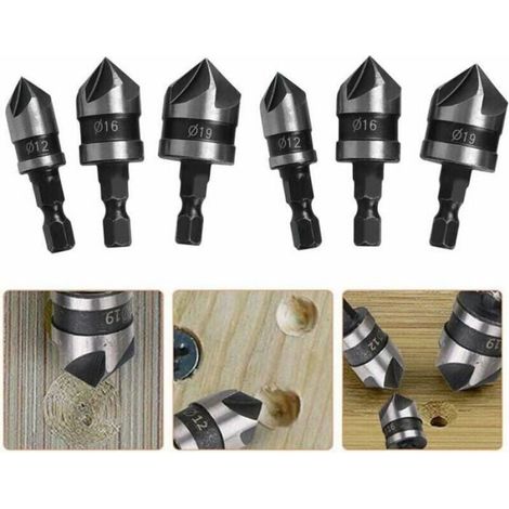 Ahlsen Chanfrein à poignée hexagonale 6 pièces, fraise fraisée à 90°, fraise fraisée Ø 6-19 mm, adaptée au métal, au bois (1/4)