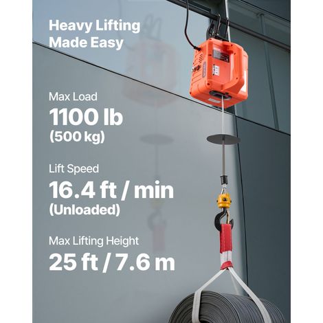 Palan Électrique Portable 3 en 1 Treuil Électrique 500 kg Treuil Levage 1500 W pour Usine Entrepôt Garage, Hauteur Levage 7,6 m Vit… (1/5)