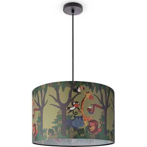 Paco Home Pendelleuchte Kinderzimmer Deckenlampe Stoff Lampenschirm Rund Dschungel Pendelleuchte - Schwarz, Design 4 (Ø45,5 cm)
