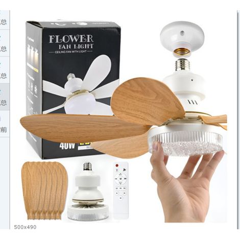 Ventilateur de Plafond Silencieux avec Lumière E27, Ventilateur Suspendu Intelligent 40W avec Pales en Bois Clair et Abat-jour en Cristal Blanc, Design Compact Idéal pour Chambre et Salle à Manger