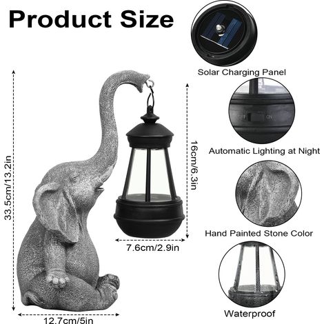 Luce solare a forma di elefante, statue di elefanti da esterno con lanterne solari, decorazioni in resina impermeabile a forma di elefante per giardini, parchi, prati (1/4)