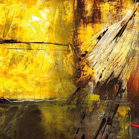 Tableau moderne jaune et marron pour cuisine | Tableau sur toile multicolore effet peinture abstraite | Tableau design pour salle à manger 0,5 x 0,5 m (1/2)