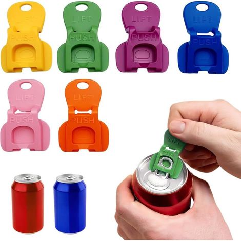 6 Ouvre-boîte, anneau de traction, plastique sans BPA, multicolore, pour canettes standard, usage domestique et extérieur (1/5)