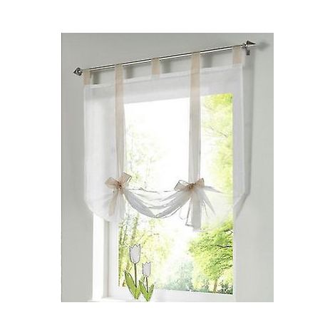 Rideau romain en voile blanc brodé avec un adorable détail de nœud pour chambre à coucher - 140 cm x 140 cm (1/3)