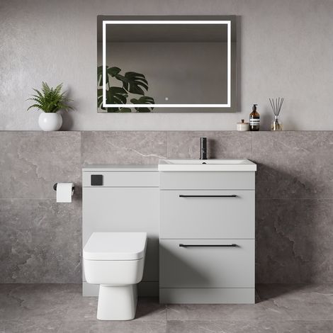 Napoli 390 Gloss Grey Pearl 1100mm 2 Drawer Vanity Unit Toilet Suite with Glide Basin - 1100mm - Matt Black 320mm HandleWith Kingston Toilet Pan and Seat