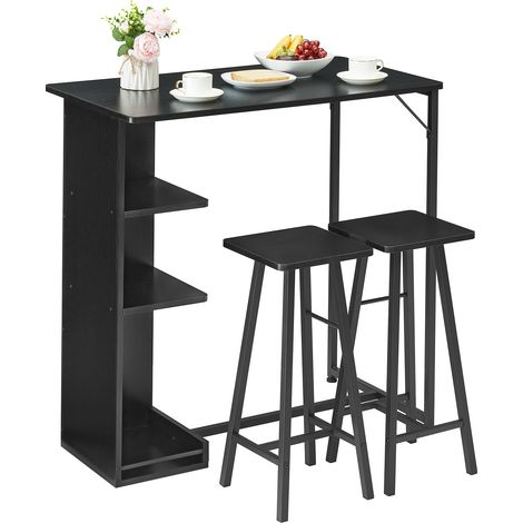 Ensemble Table de Bar avec Tabourets, Table à Manger Debout avec 2 chaises de Bar 3 Étagères,91x91x51CM, Table Haute Bar et 2 tabourets pour Salle à Manger, pour Salle à Manger, Cuisine, Noir (1/5)