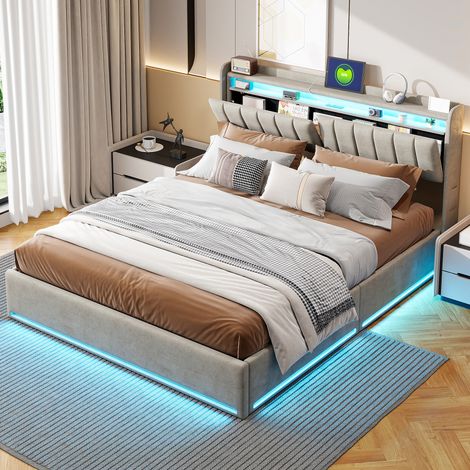 Letto 140/200 cm grigio in tessuto con contenitore, testiera con ripiani e illuminazione LED (1/5)