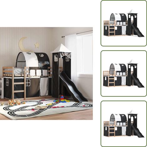 Etagenbett mit Rutsche und Gardinen Weiß und Schwarz 80x200 cm - Kinderhochbett - Holzbett - Kiefernholzbett - Etagenbett - Hochbett Mit Rutsche (1/5)