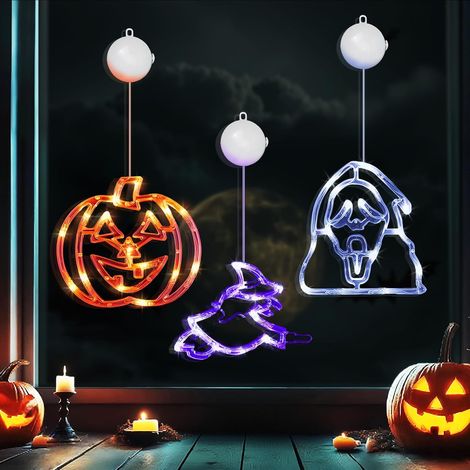 Halloween-Fensterdekoration, 3-teilige LED-Lichterkette mit Saugnäpfen, Kürbis, Hexe, Geist, für die Fensterdekoration (1/5)