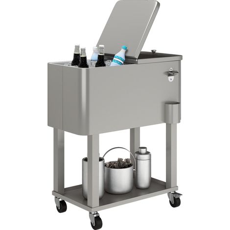 Chariot isotherme à roulettes avec ouvre-bouteille et étagère, capacité 56 L, idéal pour terrasse, fête ou patio, 67 x 35 x 80 cm, gris clair