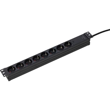 RACK Bloc multiprise 8 prises 19" pour montage universel dans des armoires réseau de 19 ", câble en plastique de 3 m, 230 V/16 A disposé à 45°, IP20, noir I 18190 (1/5)