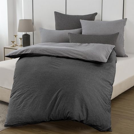 Parure de lit 2 pièces 155 x 220 cm en coton anthracite/gris - Parure de lit 2 pièces douce 100 % coton lavé, comprend 1 housse de couette 155 x 220 cm et 1 taie d'oreiller 80 x 80 cm avec (1/5)