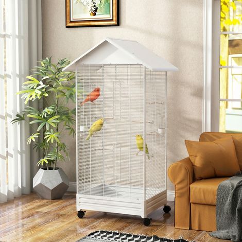 Vogelkäfig auf Beinen, Indoor-Vogelvoliere auf Rädern, 2 Futterstellen, 8 Sitzstangen, 79 x 65 x 155 cm, weißer Stahldraht