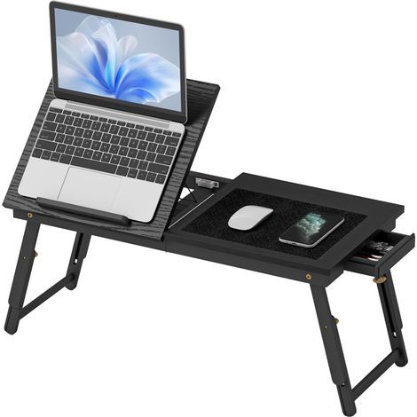 Table de lit pliable et réglable, plateau de lit pour ordinateur portable en bambou plateau inclinable 83,5x33x34cm noir (1/5)