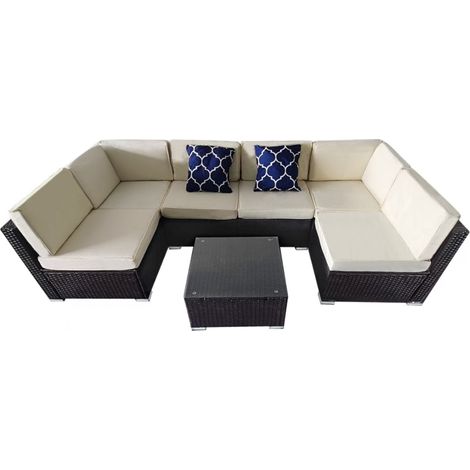 Muebles de jardín modulares de 6 plazas en resina tejida - marrón y beige ALDABRA (1/4)