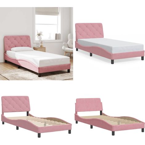 Cadre de lit sans matelas rose 90x190 cm velours - Cadre de lit rose - Coussin de tête de lit (1/5)
