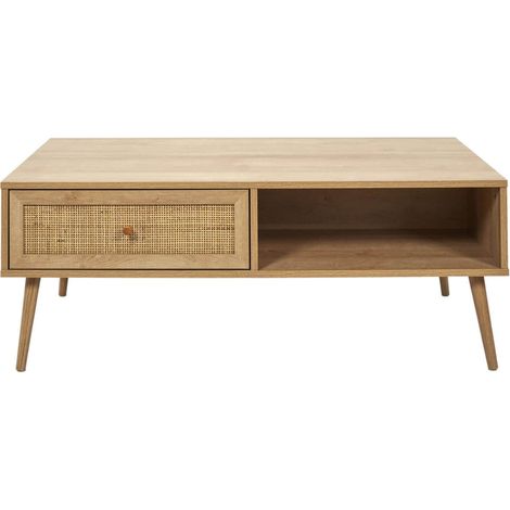MAYA - Table Basse 1 Tiroir Effet Bois et Façade Rotin (1/5)