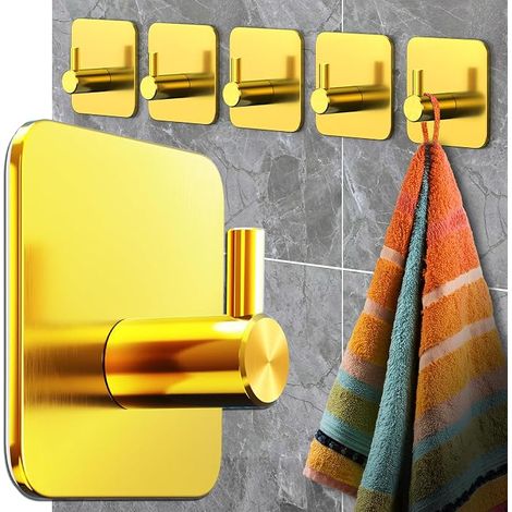 Towel Rack Gold Stainless Steel Towel Racks Hooks for Bathroom Kitchen Waterproof Adhesive Dots (1/5)