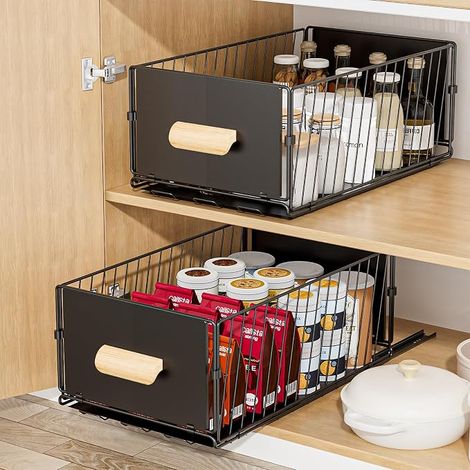 Küchenschublade, 24 x 40 x 17 cm, Schrankorganizer, kein Bohren erforderlich, ausziehbarer Küchenkorb für die Kleiderschrankaufbewahrung, Schwarz (1/5)