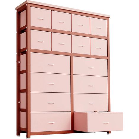 Cómoda, mueble de almacenamiento de 16 cajones, fácil montaje, rosa. (1/2)